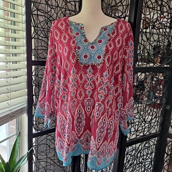 Lane Bryant Size 18/20 Sheer Tunic Top Dark Pink/Blue Sequin Embellishment - Picture 1 of 10